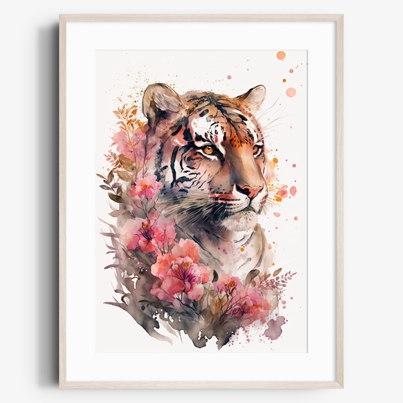 Other - Floral Tiger Watercolor Wall Art Illustration Print Poster Card Unframed